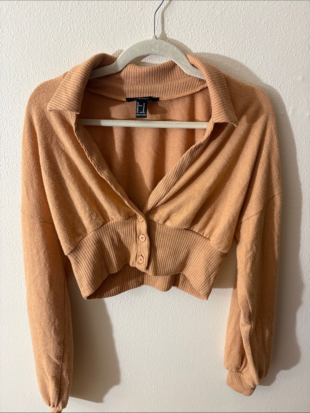 Forever 21 Peach Cropped Collared Button-Up Knit Top